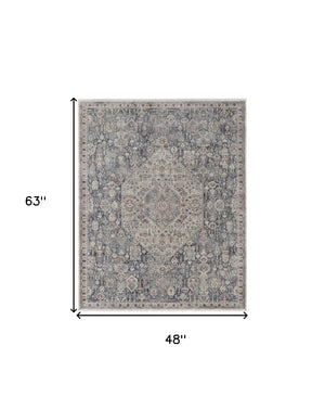 HomeRoots 5' Blue and Ivory Floral Area Rug - Durable Power Loom Design for Timeless Elegance in Any Space 4' X 6' 515046