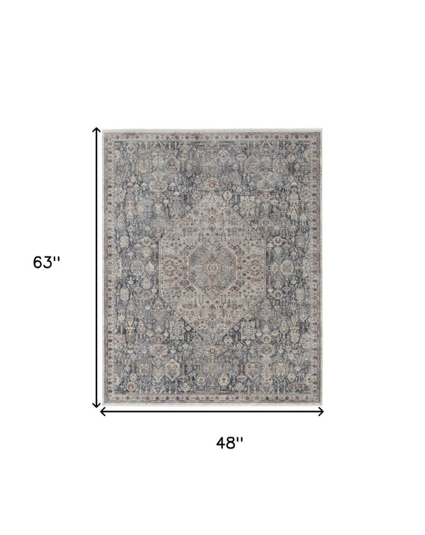 HomeRoots 5' Blue and Ivory Floral Area Rug - Durable Power Loom Design for Timeless Elegance in Any Space 4' X 6' 515046