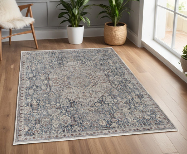 HomeRoots 5' Blue and Ivory Floral Area Rug - Durable Power Loom Design for Timeless Elegance in Any Space 4' X 6' 515046