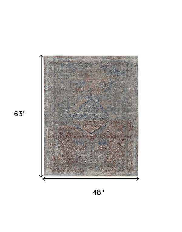 HomeRoots 5' Floral Area Rug in Blue, Red, and Gray – Durable, Stain-Resistant Design for Any Room Decor 4' X 6' 515047