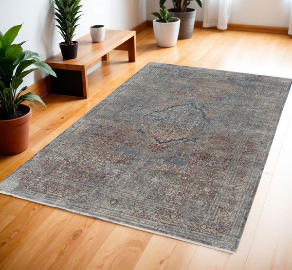 HomeRoots 5' Floral Area Rug in Blue, Red, and Gray – Durable, Stain-Resistant Design for Any Room Decor 4' X 6' 515047