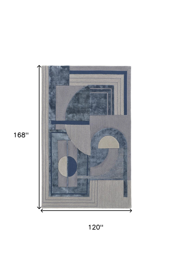 Homeroots 10' X 14' Blue Ivory And Gray Wool Striped Tufted Handmade Area Rug  Wool 515049