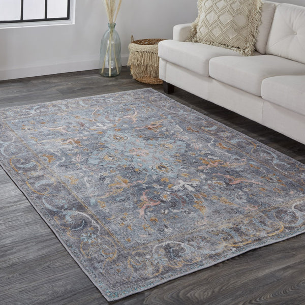 HomeRoots 5' Blue and Gray Floral Medallion Area Rug - Timeless Design, Durable, Low-Pile for High Traffic Areas 5' X 8' 515052