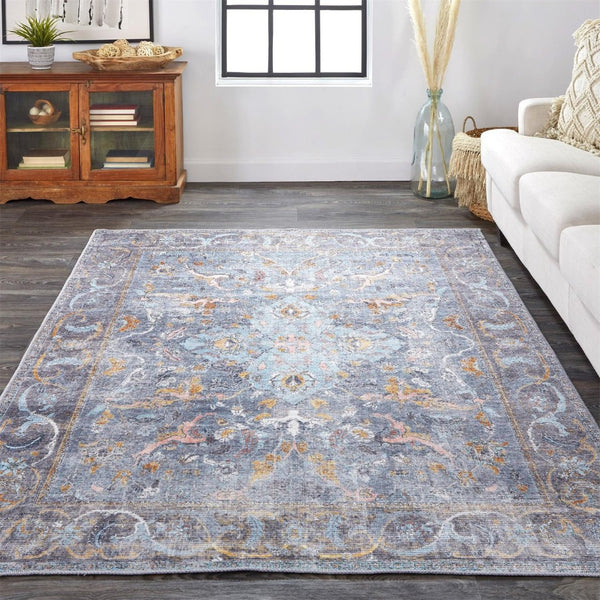 HomeRoots 5' Blue and Gray Floral Medallion Area Rug - Timeless Design, Durable, Low-Pile for High Traffic Areas 8' X 10' 515053