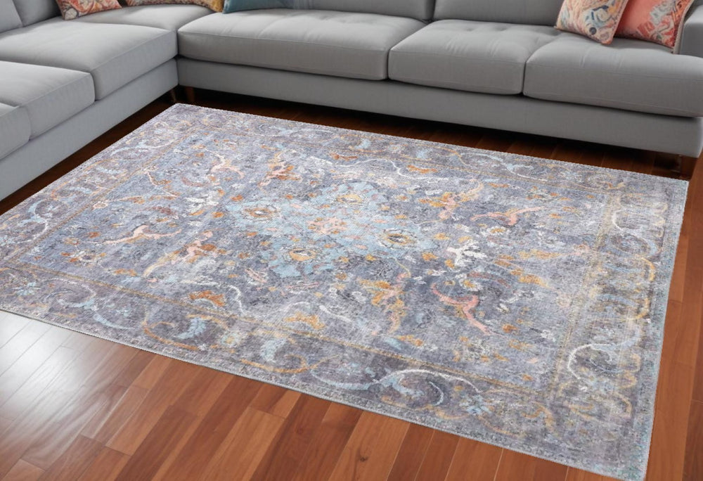 HomeRoots 5' Blue and Gray Floral Medallion Area Rug - Timeless Design, Durable, Low-Pile for High Traffic Areas 9' X 12' 515054