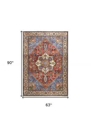 HomeRoots 5' Vibrant Blue and Orange Floral Medallion Area Rug for Stylish Warmth in Any Room Decor 5' X 8' 515060