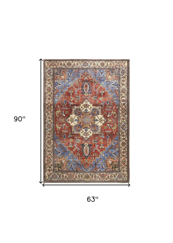HomeRoots 5' Vibrant Blue and Orange Floral Medallion Area Rug for Stylish Warmth in Any Room Decor 5' X 8' 515060