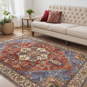 HomeRoots 5' Vibrant Blue and Orange Floral Medallion Area Rug for Stylish Warmth in Any Room Decor 5' X 8' 515060