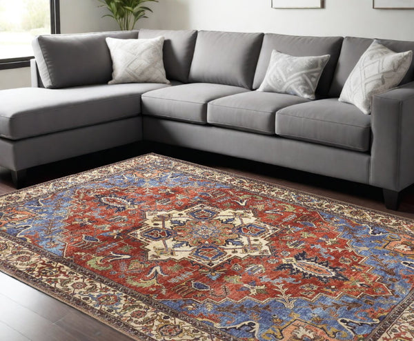 HomeRoots 5' Vibrant Blue and Orange Floral Medallion Area Rug for Stylish Warmth in Any Room Decor 8' X 10' 515061