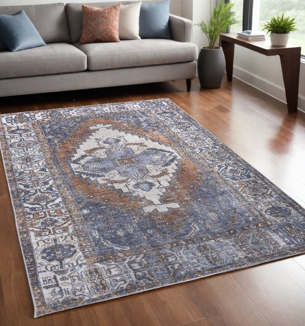 HomeRoots 5' Blue and Ivory Floral Medallion Area Rug - Timeless Style, Durable Design for Any Room Décor 5' X 8' 515064