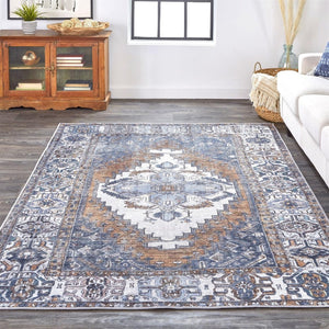 HomeRoots 5' Blue and Ivory Floral Medallion Area Rug - Timeless Style, Durable Design for Any Room Décor 5' X 8' 515064