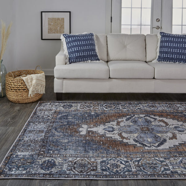 HomeRoots 5' Blue and Ivory Floral Medallion Area Rug - Timeless Style, Durable Design for Any Room Décor 5' X 8' 515064