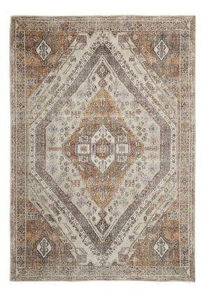 HomeRoots 5' Bohemian Medallion Distressed Area Rug in Brown, Ivory & Orange - Machine Washable & Durable 5' X 8' 515084