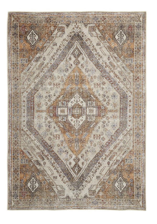 HomeRoots 5' Bohemian Medallion Distressed Area Rug in Brown, Ivory & Orange - Machine Washable & Durable 5' X 8' 515084