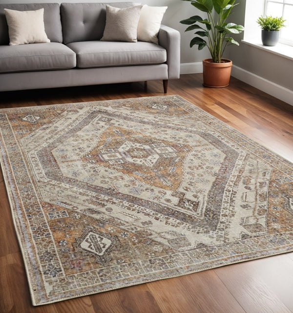 HomeRoots 5' Bohemian Medallion Distressed Area Rug in Brown, Ivory & Orange - Machine Washable & Durable 5' X 8' 515084