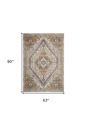 HomeRoots 5' Bohemian Medallion Distressed Area Rug in Brown, Ivory & Orange - Machine Washable & Durable 5' X 8' 515084