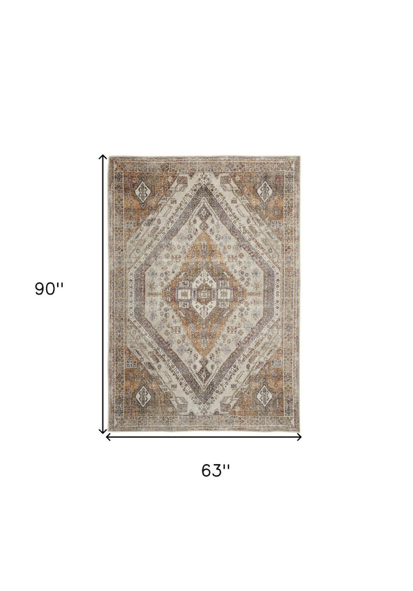 HomeRoots 5' Bohemian Medallion Distressed Area Rug in Brown, Ivory & Orange - Machine Washable & Durable 5' X 8' 515084