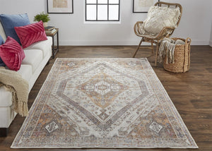HomeRoots 5' Bohemian Medallion Distressed Area Rug in Brown, Ivory & Orange - Machine Washable & Durable 5' X 8' 515084