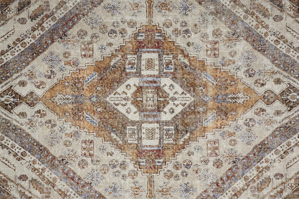 HomeRoots 5' Bohemian Medallion Distressed Area Rug in Brown, Ivory & Orange - Machine Washable & Durable 5' X 8' 515084