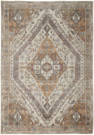 HomeRoots 5' Bohemian Medallion Distressed Area Rug in Brown, Ivory & Orange - Machine Washable & Durable 8' X 10' 515085