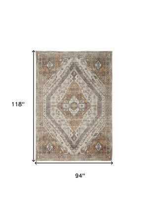 HomeRoots 5' Bohemian Medallion Distressed Area Rug in Brown, Ivory & Orange - Machine Washable & Durable 8' X 10' 515085