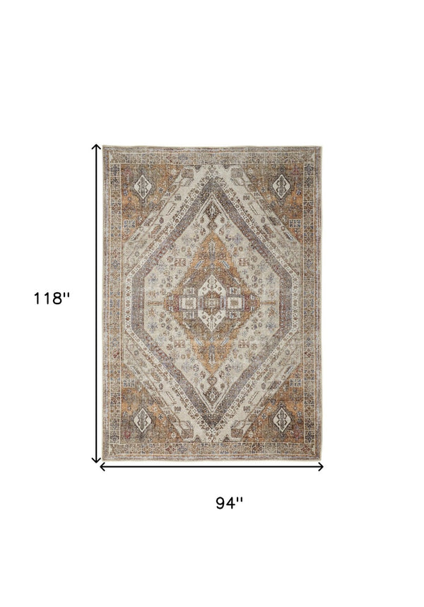 HomeRoots 5' Bohemian Medallion Distressed Area Rug in Brown, Ivory & Orange - Machine Washable & Durable 8' X 10' 515085