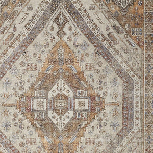 HomeRoots 5' Bohemian Medallion Distressed Area Rug in Brown, Ivory & Orange - Machine Washable & Durable 8' X 10' 515085