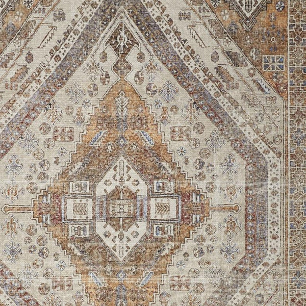 HomeRoots 5' Bohemian Medallion Distressed Area Rug in Brown, Ivory & Orange - Machine Washable & Durable 8' X 10' 515085