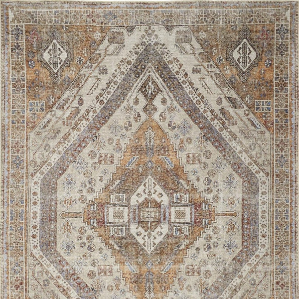 HomeRoots 5' Bohemian Medallion Distressed Area Rug in Brown, Ivory & Orange - Machine Washable & Durable 8' X 10' 515085