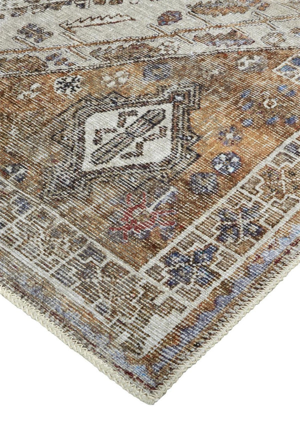HomeRoots 5' Bohemian Medallion Distressed Area Rug in Brown, Ivory & Orange - Machine Washable & Durable 8' X 10' 515085