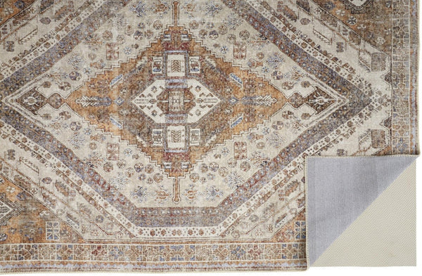 HomeRoots 5' Bohemian Medallion Distressed Area Rug in Brown, Ivory & Orange - Machine Washable & Durable 8' X 10' 515085
