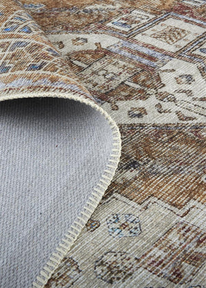 HomeRoots 5' Bohemian Medallion Distressed Area Rug in Brown, Ivory & Orange - Machine Washable & Durable 8' X 10' 515085