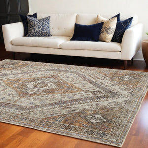 HomeRoots 5' Bohemian Medallion Distressed Area Rug in Brown, Ivory & Orange - Machine Washable & Durable 8' X 10' 515085
