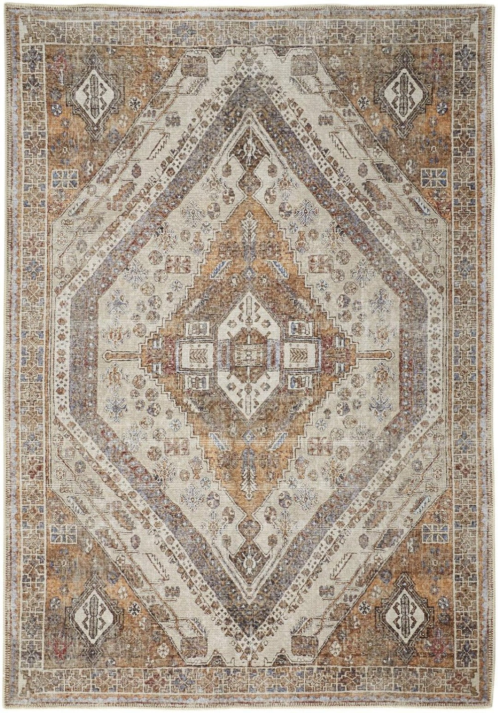 HomeRoots 5' Bohemian Medallion Distressed Area Rug in Brown, Ivory & Orange - Machine Washable & Durable 9' X 12' 515086