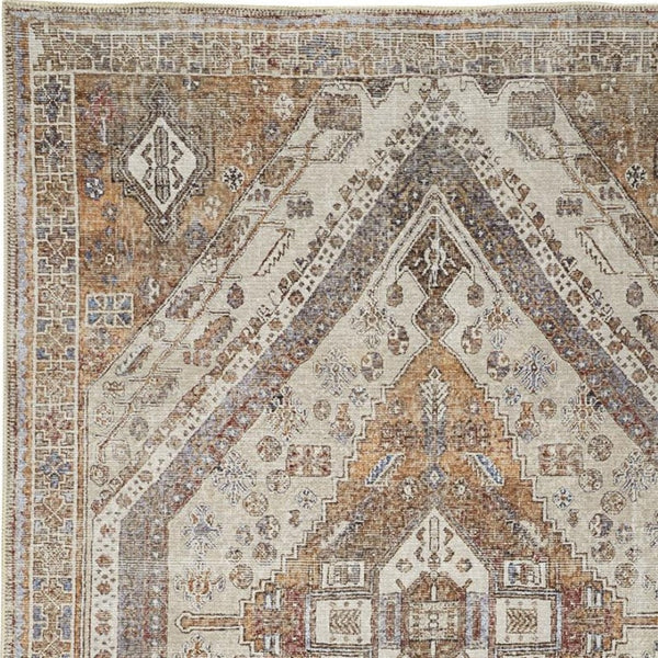 HomeRoots 5' Bohemian Medallion Distressed Area Rug in Brown, Ivory & Orange - Machine Washable & Durable 9' X 12' 515086