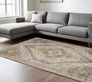 HomeRoots 5' Bohemian Medallion Distressed Area Rug in Brown, Ivory & Orange - Machine Washable & Durable 9' X 12' 515086