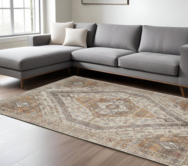 HomeRoots 5' Bohemian Medallion Distressed Area Rug in Brown, Ivory & Orange - Machine Washable & Durable 9' X 12' 515086
