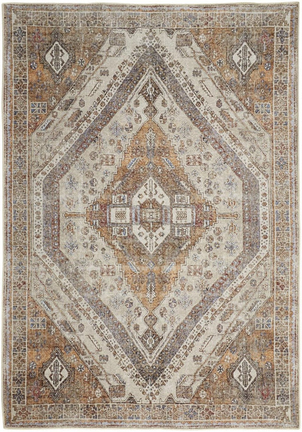 HomeRoots 5' Bohemian Medallion Distressed Area Rug in Brown, Ivory & Orange - Machine Washable & Durable 9' X 12' 515086