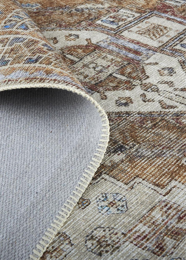 HomeRoots 5' Bohemian Medallion Distressed Area Rug in Brown, Ivory & Orange - Machine Washable & Durable 9' X 12' 515086