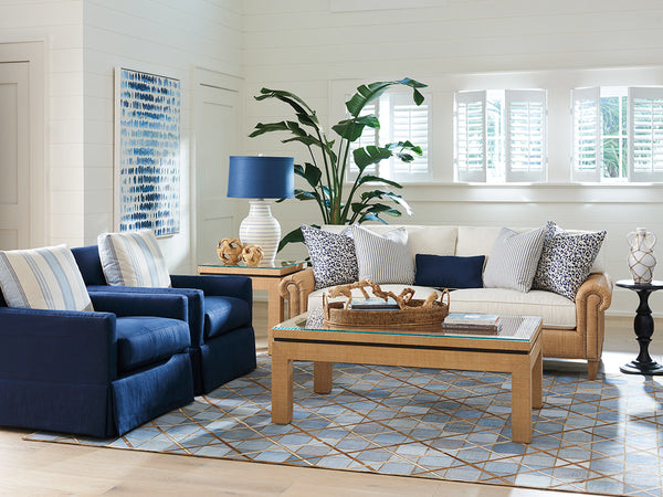 Lexington Barclay Butera Harbor Raffia Cocktail Table - Elegant Coastal Design With Floating Glass Top And Decorative Metal Band Sandstone  920-947