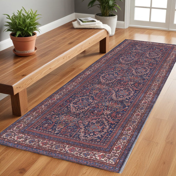 Homeroots 8' Red Blue And Tan Floral Power Loom Runner Rug  Polyester 515110