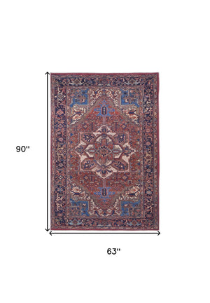 HomeRoots 5' Timeless Elegance Floral Area Rug in Rich Red, Tan, and Blue for Living Room & Entryway Decor 5' X 8' 515113