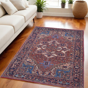 HomeRoots 5' Timeless Elegance Floral Area Rug in Rich Red, Tan, and Blue for Living Room & Entryway Decor 5' X 8' 515113
