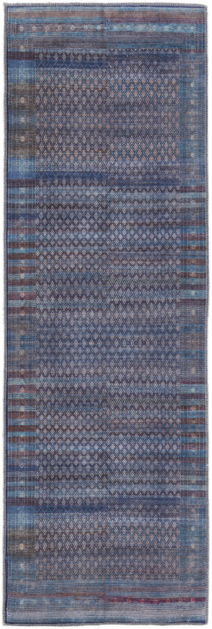 Homeroots 8' Tan Blue And Pink Striped Power Loom Runner Rug  Polyester 515208