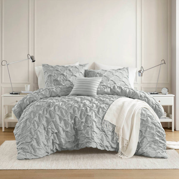 JLA Home Comfort Spaces - Diamond Ruched Ogee Pleat Comforter Set — Crinkle Texture, OEKO‑TEX Certified, Lightweight All‑Season Cozy Elegance Gray AM10-0162