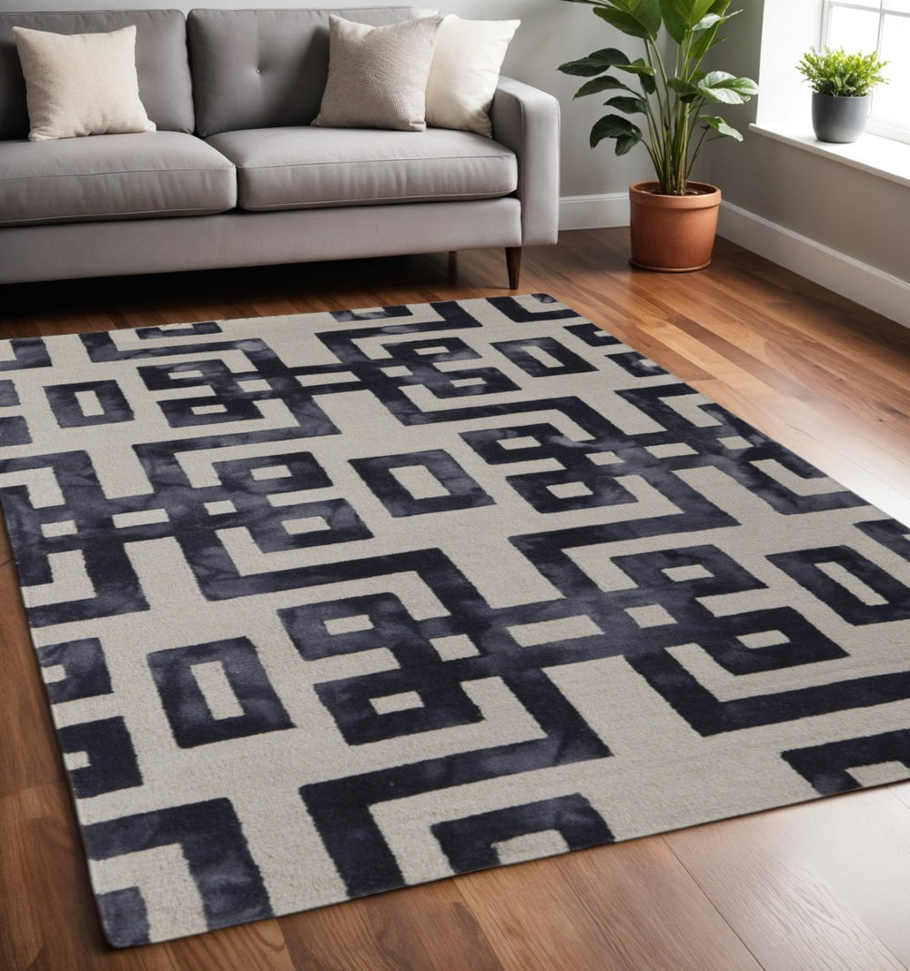 HomeRoots 10' Hand-Tufted Wool Area Rug - Bold Black and Ivory Geometric Design for Modern Living Spaces 5' X 8' 515242
