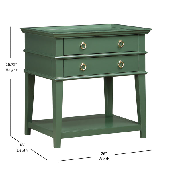 English Elm Carmona Midnight Blue Tray Top Nightstand with Two Drawers, Open Shelf, Brushed Gold Ring Pulls Antique Green B050P376936
