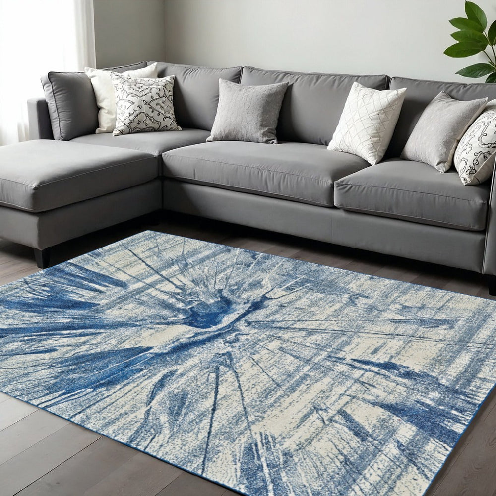 HomeRoots 7' Blue and Ivory Abstract Area Rug for Modern Comfort, Durable, Kid and Pet Friendly, Easy Care 7' X 10' 515251