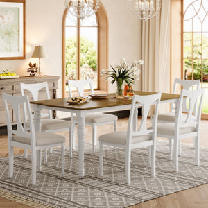 English Elm 7-piece Oak Veneer Extendable Dining Set with 6 Upholstered Chairs for Farmhouse Kitchens Natural+White N752S100030K