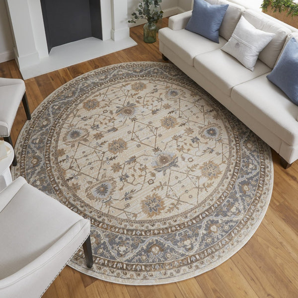 HomeRoots 9' Elegant Tan Ivory and Gray Oriental Area Rug for Luxurious Comfort in Any Room Decor Style 8' Round 515302